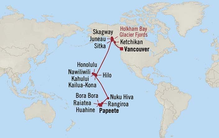 Carte de l’itinéraire Riviera, Vancouver → Papeete (Tahiti)