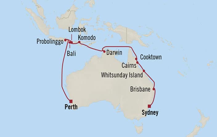 Carte de l’itinéraire Riviera, Sydney → Perth (Fremantle)
