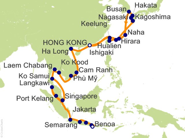 Carte de l’itinéraire Riviera, Hong Kong → Bali (Benoa)