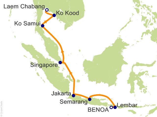 Carte de l’itinéraire Riviera, Bali (Benoa) → Bangkok (Laem Chabang)