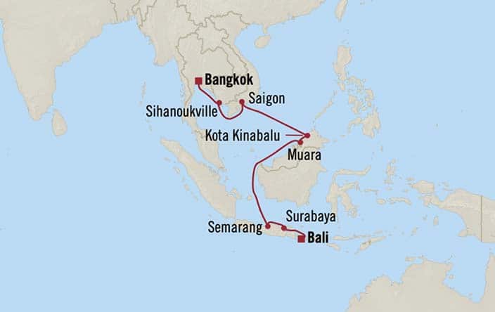 Carte de l’itinéraire Sirena, Bangkok → Bali (Benoa)