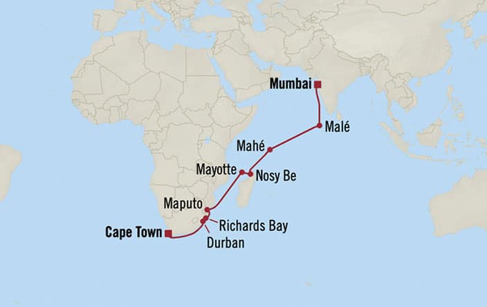 Carte de l’itinéraire Sirena, Mumbai → Le Cap, Afrique du Sud