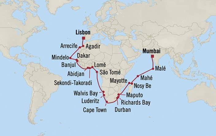Carte de l’itinéraire Sirena, Mumbai → Lisbonne