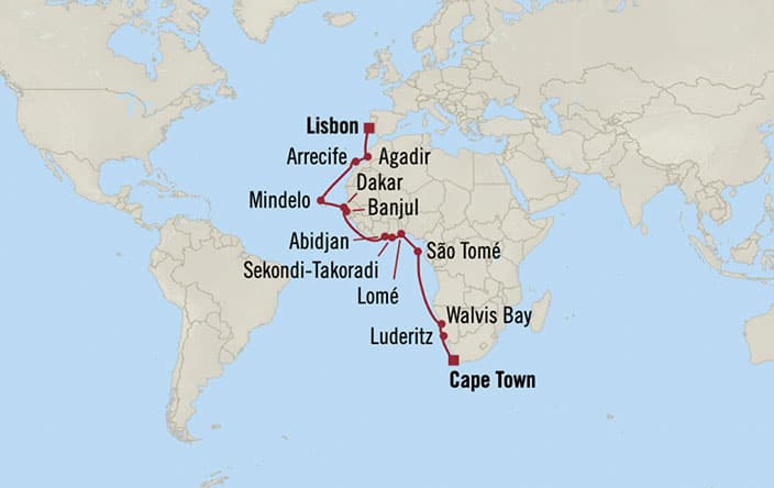 Carte de l’itinéraire Sirena, Le Cap → Lisbonne
