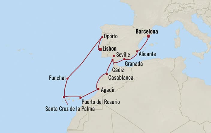 Carte de l’itinéraire Sirena, Lisbonne → Barcelone