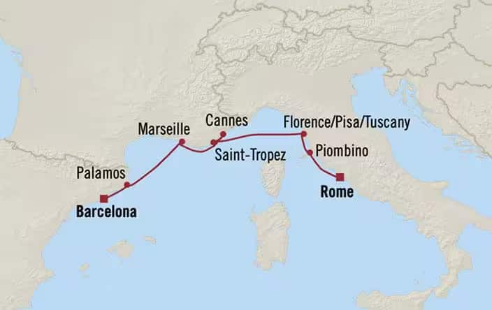 Carte de l’itinéraire Sirena, Barcelone → Rome (Civitavecchia)