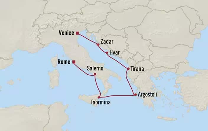 Carte de l’itinéraire Sirena, Rome (Civitavecchia) → Venise