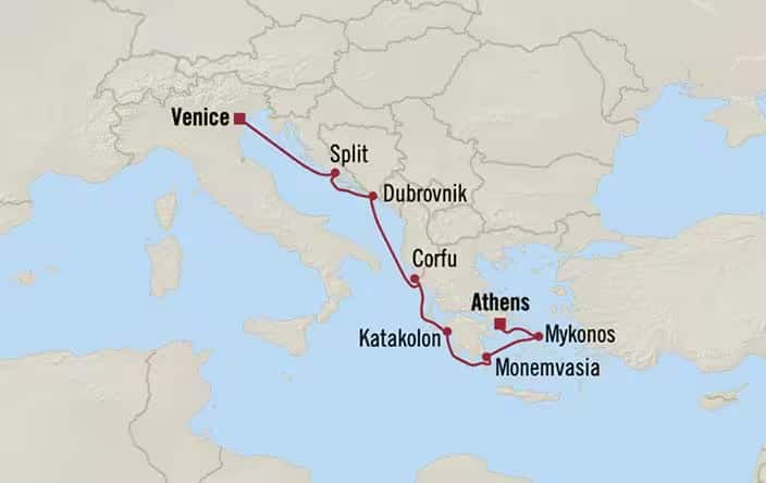 Carte de l’itinéraire Sirena, Venise → Athènes (Le Pirée)