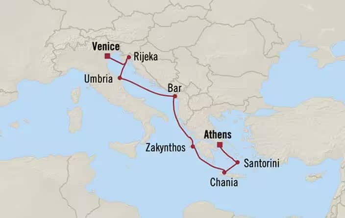 Carte de l’itinéraire Sirena, Athènes (Le Pirée) → Venise