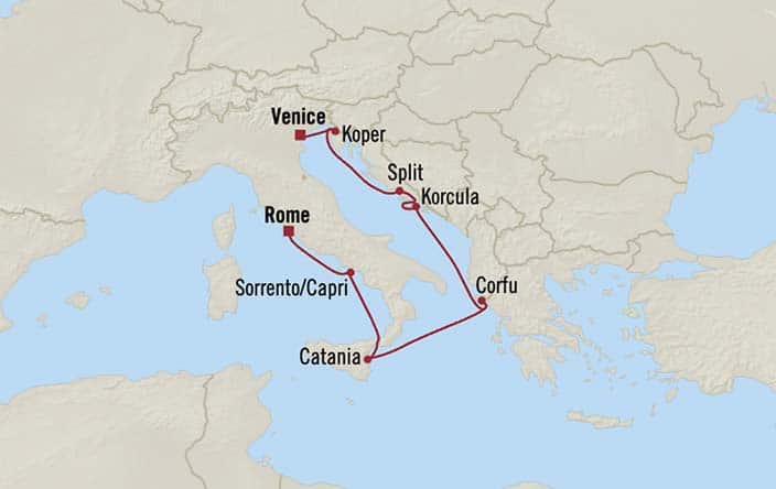 Carte de l’itinéraire Sirena, Venise → Rome (Civitavecchia)