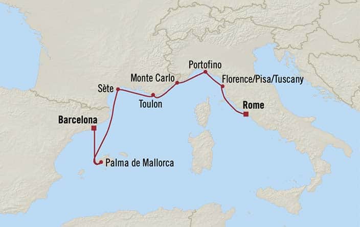 Carte de l’itinéraire Sirena, Rome (Civitavecchia) → Barcelone