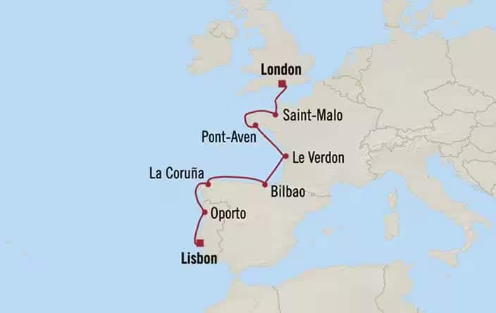 Carte de l’itinéraire Sirena, Lisbonne → Londres (Southampton)