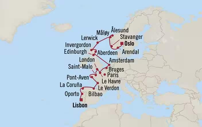 Carte de l’itinéraire Sirena, Lisbonne → Oslo