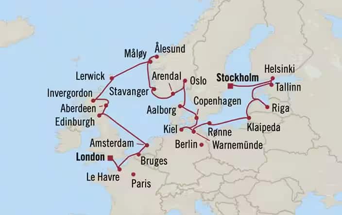 Carte de l’itinéraire Sirena, Londres (Southampton) → Stockholm