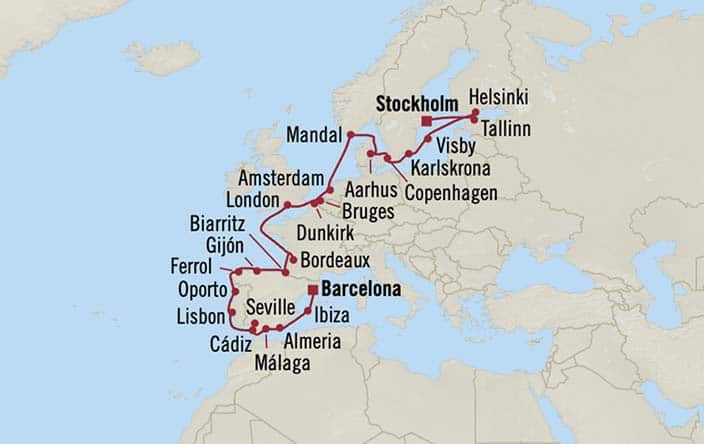 Carte de l’itinéraire Sirena, Stockholm → Barcelone