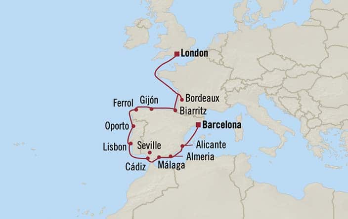 Carte de l’itinéraire Sirena, Southampton → Barcelone