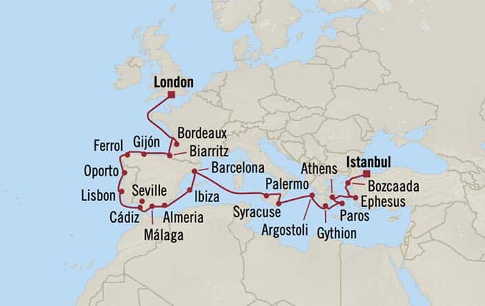 Carte de l’itinéraire Sirena, Southampton → Istanbul