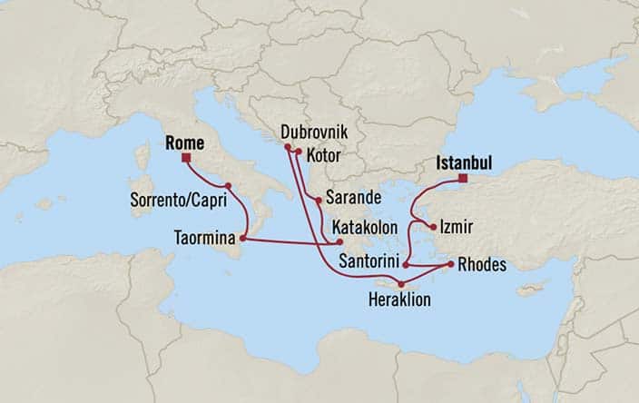 Carte de l’itinéraire Sirena, Istanbul → Rome (Civitavecchia)