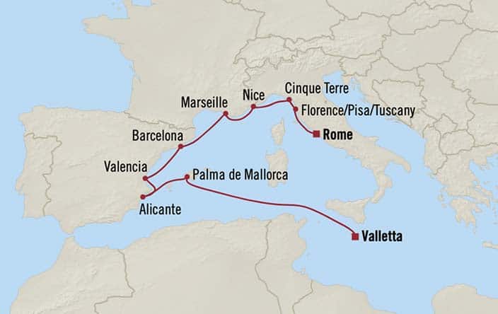 Carte de l’itinéraire Sirena, Rome (Civitavecchia) → Valletta