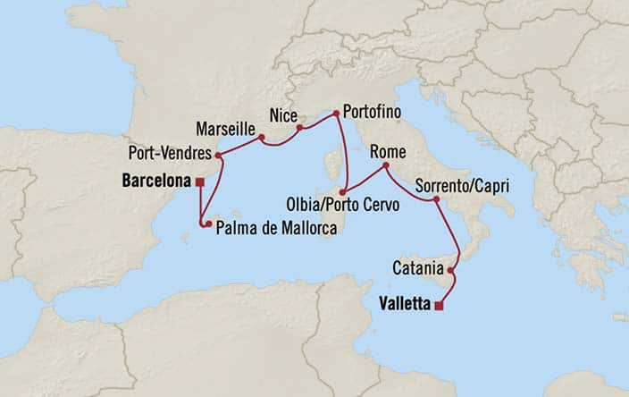 Carte de l’itinéraire Sirena, Valletta → Barcelone