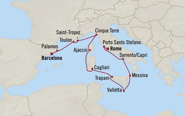 Carte de l’itinéraire Sirena, Barcelone → Civitavecchia (Rome)