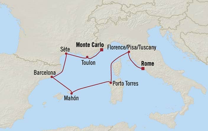 Carte de l’itinéraire Sirena, Civitavecchia (Rome) → Monte Carlo