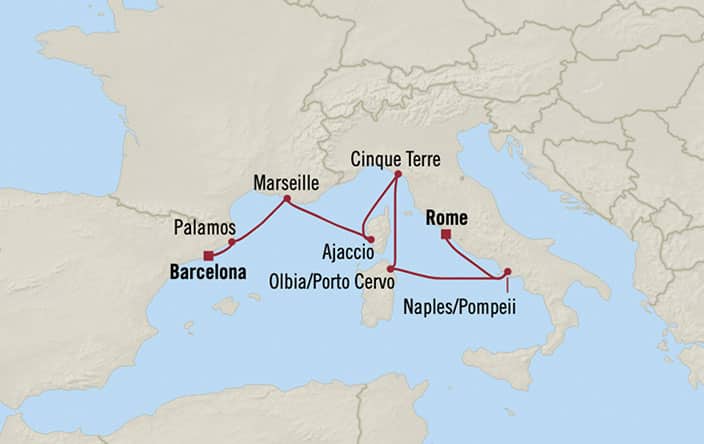 Carte de l’itinéraire Sirena, Tarragona → Civitavecchia (Rome)