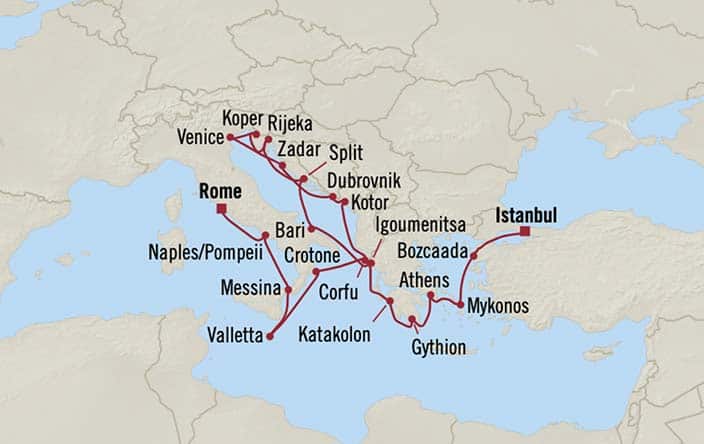 Carte de l’itinéraire Sirena, Istanbul → Civitavecchia (Rome)