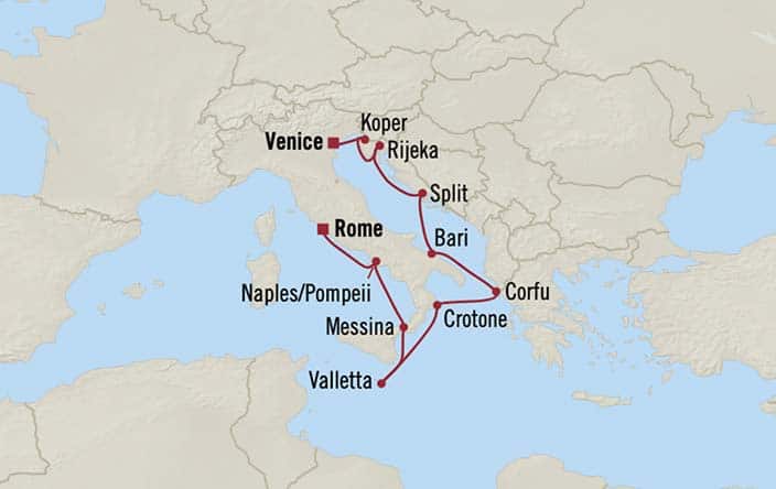 Carte de l’itinéraire Sirena, Venise → Civitavecchia (Rome)