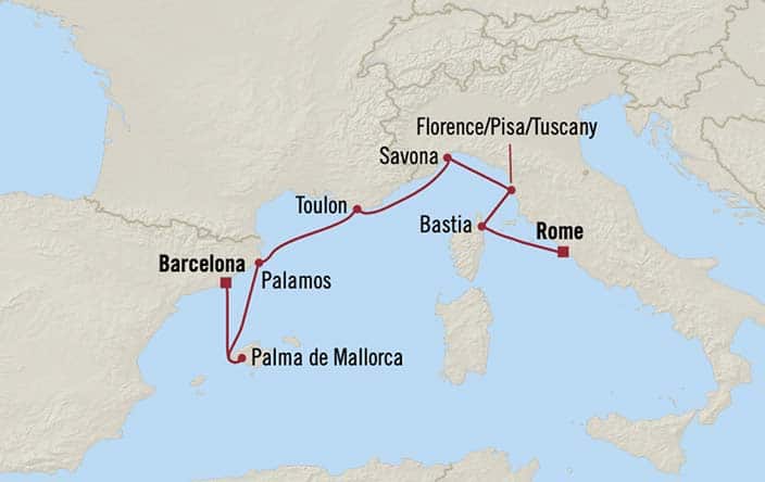 Carte de l’itinéraire Sirena, Rome (Civitavecchia) → Barcelone