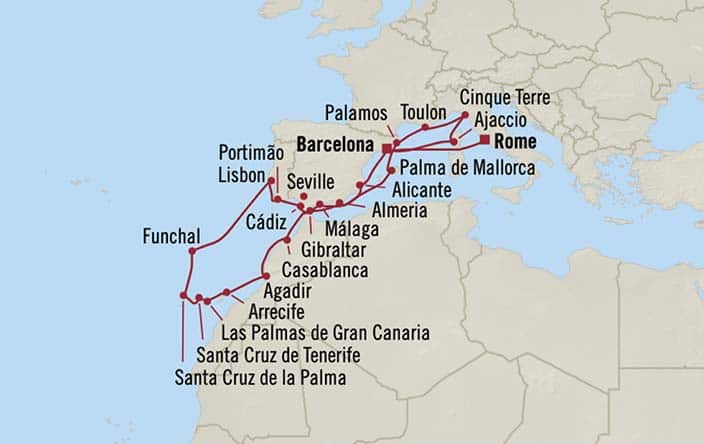 Carte de l’itinéraire Sirena, Barcelone → Civitavecchia (Rome)