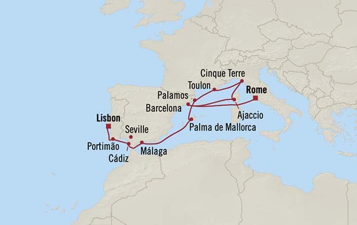 Carte de l’itinéraire Sirena, Lisbonne → Civitavecchia (Rome)