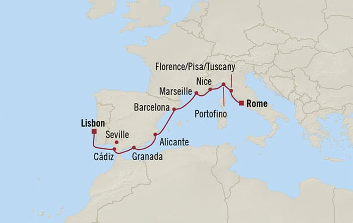 Carte de l’itinéraire Sirena, Civitavecchia (Rome) → Lisbonne