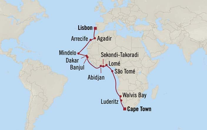 Carte de l’itinéraire Sirena, Le Cap → Lisbonne