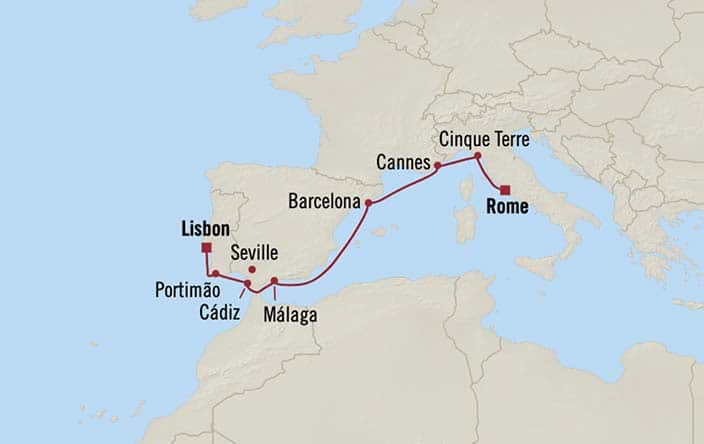 Carte de l’itinéraire Sirena, Lisbonne → Rome (Civitavecchia)