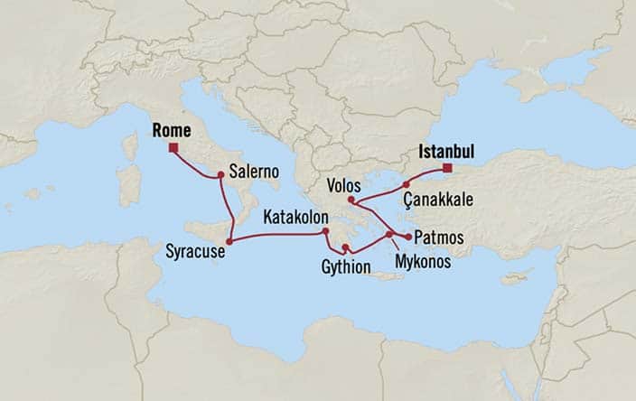 Carte de l’itinéraire Sirena, Rome (Civitavecchia) → Istanbul
