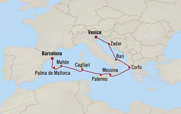 Carte de l’itinéraire Sirena, Barcelone → Venise