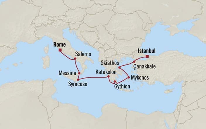 Carte de l’itinéraire Sirena, Rome (Civitavecchia) → Istanbul