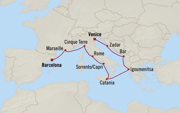 Carte de l’itinéraire Sirena, Barcelone → Venise
