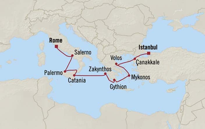 Carte de l’itinéraire Sirena, Rome (Civitavecchia) → Istanbul
