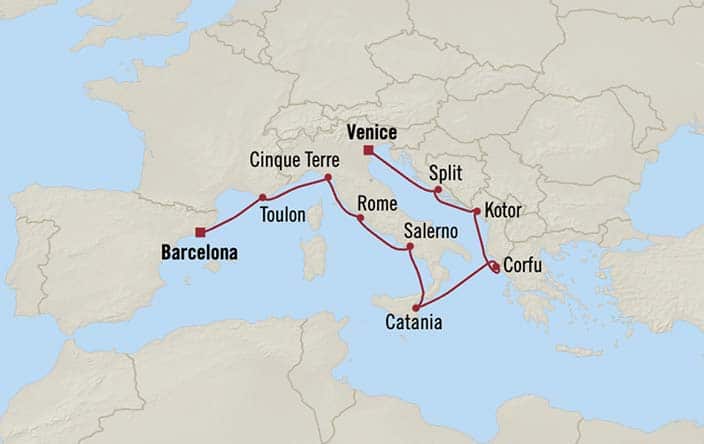 Carte de l’itinéraire Sirena, Venise → Barcelone