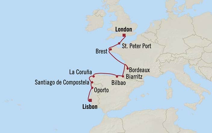 Carte de l’itinéraire Sirena, Lisbonne → Londres (Southampton)