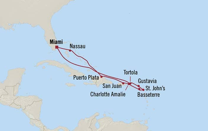 Carte de l’itinéraire Sirena, Aller-retour au départ de Miami