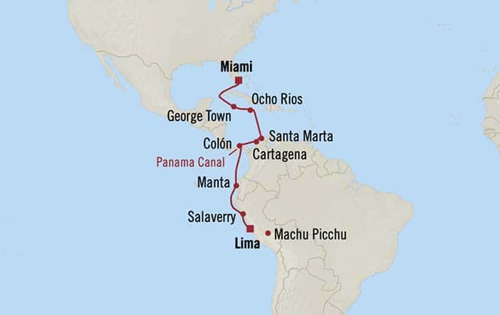 Carte de l’itinéraire Sirena, Miami → Lima/Machu Picchu (Callao)