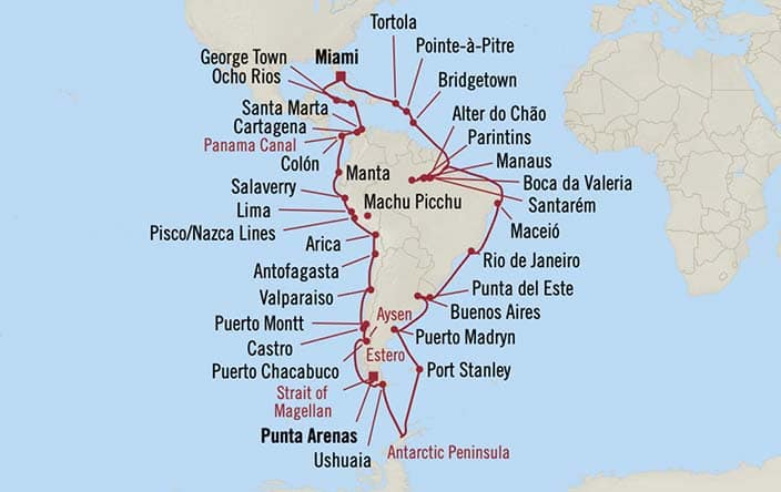 Carte de l’itinéraire Sirena, Aller-retour au départ de Miami