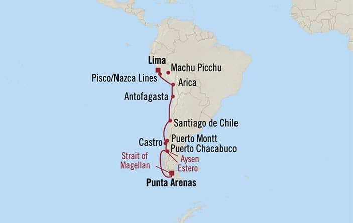 Carte de l’itinéraire Sirena, Lima/Machu Picchu (Callao) → Punta Arenas