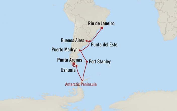 Carte de l’itinéraire Sirena, Punta Arenas → Rio de Janeiro