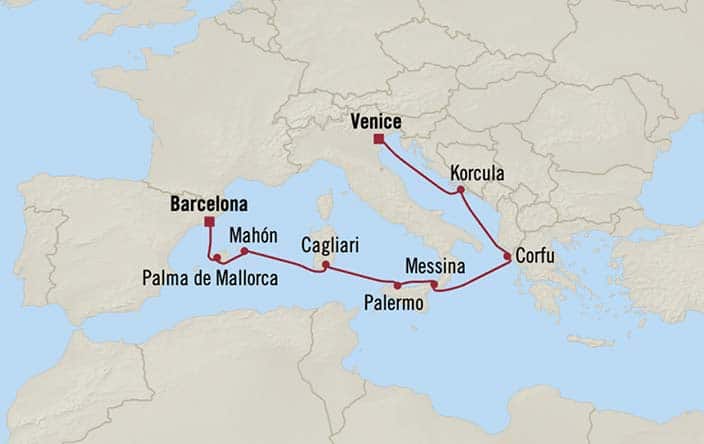 Carte de l’itinéraire Sirena, Barcelone → Venise