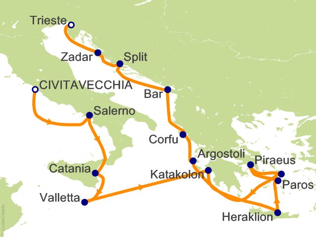 Carte de l’itinéraire Sonata, Civitavecchia (Rome) → Trieste