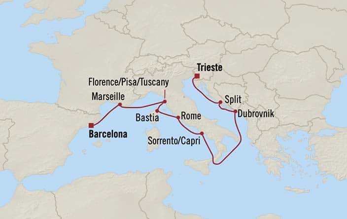 Carte de l’itinéraire Sonata, Trieste → Barcelone